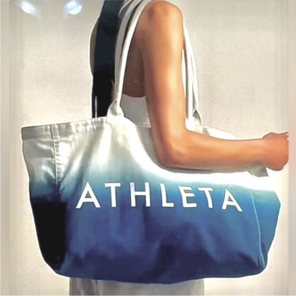 ATHLETA Blue Teal Ombre Cotton Canvas Large Tote Bag 19" x 13" - Picture 2 of 5